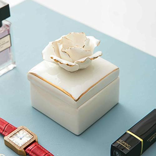 Beyaz Seramik Takı Durumda Halka Tutucu Biblo Mücevher Kutusu ile El Yapımı Yaldız Kenar Seramik Çiçek Kapak için Düğün Yıldönümü,
