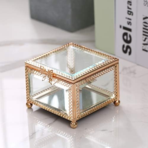 El yapımı Sanat Altın Cam Mücevher Kutusu Aynalı Hatıra Kutusu Süslü Yüzük Küpe Kutusu Kızlar için Romantik Hediye