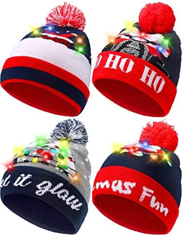Syhood 4 Adet Noel LED örgü şapkalar Light Up Noel Bere Kap Unisex Kış Bere Kazak Şapka Noel Yeni Yıl için Renkli Led'ler ile