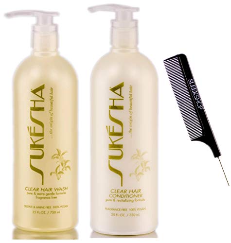 Sukesha Clear Saç Yıkama Şampuanı ve Clear Saç Kremi DUO Seti (w/Şık Tarak) Nazik Formül, Kokusuz, %100 Vegan (12 oz + 12 oz