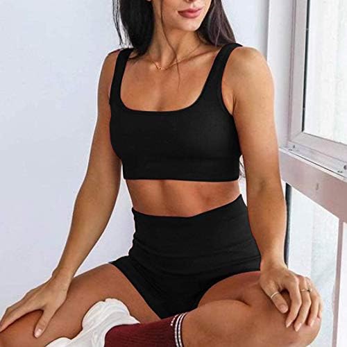 VJGOAL Egzersiz Setleri Kadınlar ıçin 2 Parça Dikişsiz Nervürlü Kırpma Tankı Yüksek Bel Şort Yoga Kıyafetler, temel Günlük Spor