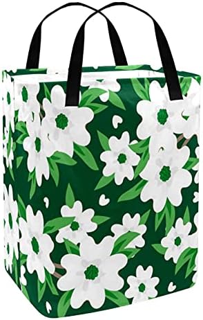 Beyaz Kızılcık Çiçek Yeşil Yapraklar Desen Çamaşır Sepeti, katlanabilir çamaşır Sepeti Kolları ve Parantez ile 60L için Yatak