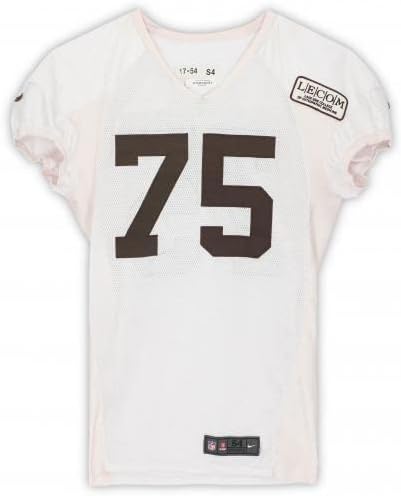 Joel Bitonio Cleveland Browns Uygulaması-2018 NFL Sezonundan Kullanılmış 75 Beyaz Forma-54 Beden-İmzasız NFL Oyunu Kullanılmış