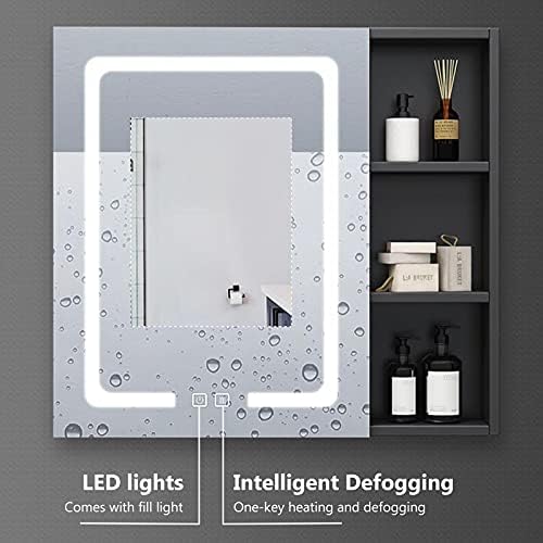 PWE - LED Aynalı Banyo Ecza Dolabı, 27,9 X 26,7 İnç Işıklı Aynalı Kapı ve Depolama Rafları, Alüminyum Çerçeve, Yüzeye Montaj,