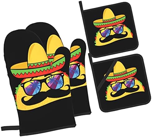 Hpoplace Fırın Eldiveni ve Tencere Tutucular 4 adet Set, Taco Sevimli Meksika Gıda mutfak fırın eldiveni, tencere Tutucular Kaymaz