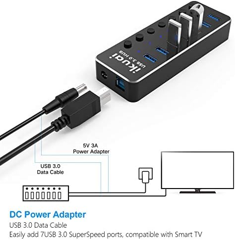 Powered USB Hub ıkuaı 7 Port Alüminyum USB 3.0 Veri Hub Splitter ile 5 V/3A Güç Adaptörü ve Bağımsız On/Off Anahtarı USB Port