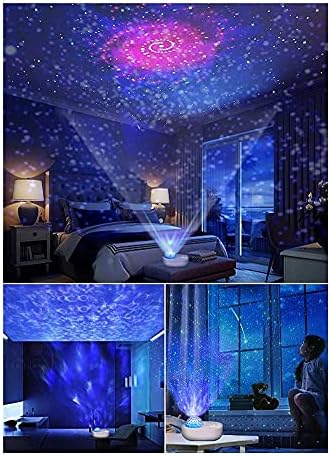 Lovedfgh Galaxy Projektör Gece Lambası, 10 Renk Müzik Projektör Okyanus Dalgası Projektör Bluetooth Hoparlör ile Dönen Galaxy