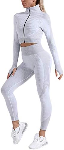 QCHENG kadın Egzersiz Setleri 2 Parça Ön Zip Uzun Kollu Kırpma Üst ve Dikişsiz Tayt Seti Spor Giyim Yoga Kıyafetler
