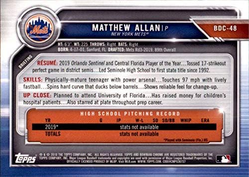 2019 Bowman Krom Taslak BDC-48 Matthew Allan RC Çaylak New York Mets MLB Beyzbol Ticaret Kartı