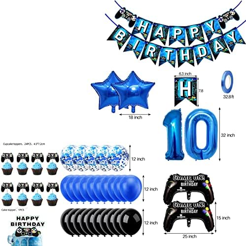 10th Doğum Günü Süslemeleri için Erkek, Oyun Denetleyicisi Balonlar, MUTLU DOĞUM GÜNÜ Afiş ve Numarası 10 Balonlar, Video Oyunu
