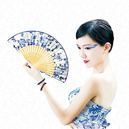 XKUN Çin Dekoratif Fan, Kadın İpek Katlanır Fanlar Çin El Katlanır Fan Mavi ve Beyaz Porselen Desen Hollow Çerçeveleri için Dans,