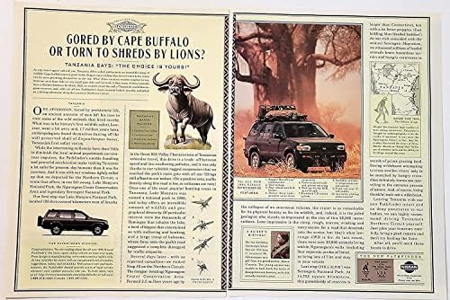 2 Orijinal Dergi Basılı Reklam Seti: 1996-1997 Nissan Pathfinder SUV, Tanzanya Safari, Kenya'nın Gergedan Ülkesi, Cape Buffalo