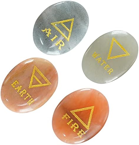 Crocon 4 Elemanları Çeşitli Taşlar Kazınmış Üçgen Semboller (Toprak Hava Yangın Su) Cilalı Palm Taşlar için Taş Reiki Kristaller