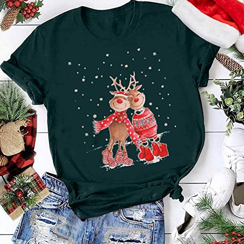 Reokoou Kadın Noel Tops T-Shirt Sevimli Ren Geyiği Kısa Kollu Gömlek Casual Kazak Noel Tatil Grafik Tees