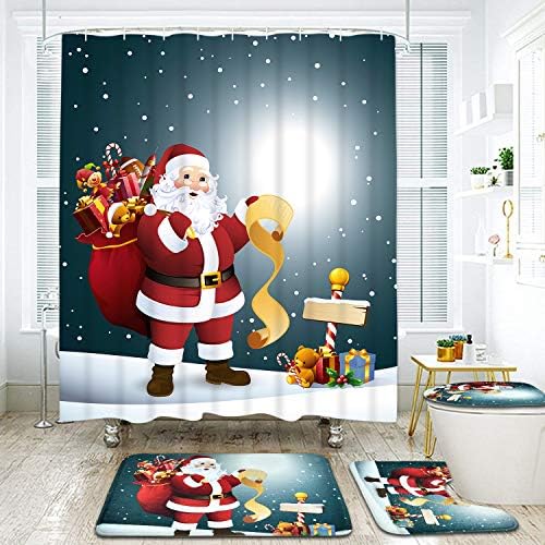 Usprıng 4 Pcs Merry Christmas Duş Perde Setleri ile Kaymaz Kilim, Tuvalet Kapak ve Banyo Paspas, Santa Ay Kar Duş Perde ile 12