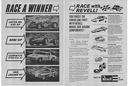 Dergi Baskı İlanı: 1964 Revell Model Araba Yarışı Bileşenleri, XKE Jaguar GT, Corvette Sting Ray, Lotus Mk XXV GP, Yarış bir