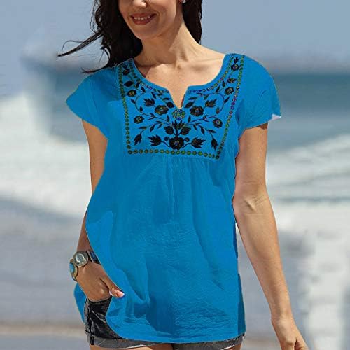 GREFER Vintage Nakış V Yaka T Shirt-Kadınlar için Bluzlar Moda 2019-Kadınlar için Üstleri Rahat Yaz Artı Boyutu