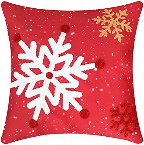 Grelucgo Kırmızı Havlu İşlemeli Noel Kar Taneleri Yastık Kılıfı Kapak 18 × 18 İnç (Kar ve Kar Taneleri kırmızı olsun (2'li Set))