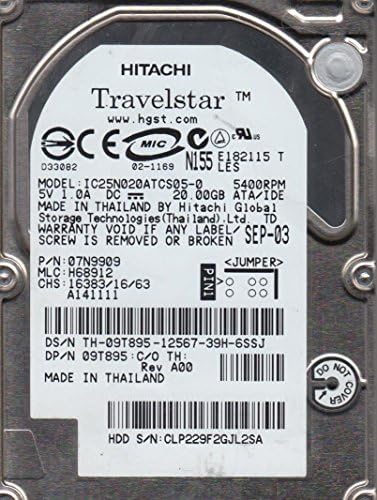 IC25N020ATCS05-0, PN 07N9909, MLC H68912, Hitachi 20 GB IDE 2.5 Sabit Disk
