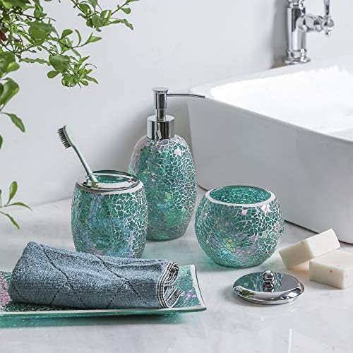 TÜM ZÜCCACİYE 4-Pieces Yeşil Dekoratif Cam Banyo Aksesuarları Seti, Losyon Dispenseri, Diş Fırçası Tutucu, Pamuk Kavanoz, Vanity
