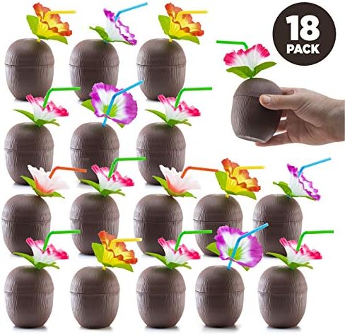 Prextex Hawaiian Luau Çocuklar için 18 Paket Mini Hindistan Cevizi Bardak Parti Ebegümeci Çiçek Payet ile-Tiki ve Plaj Tema Parti