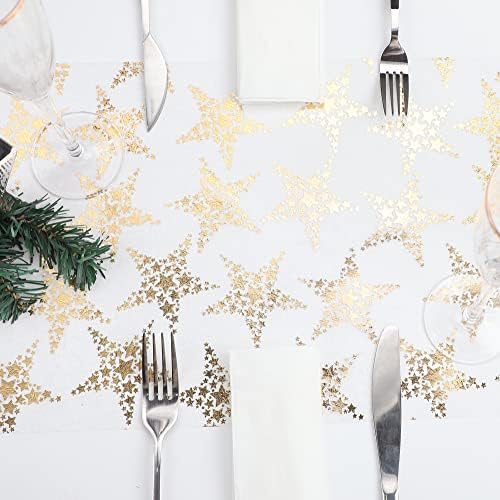 WELTRXE Beyaz ile Altın Yıldız Masa Koşucu, Glitter Metalik Altın Masa Süslemeleri 11 İnç x 16 Ft Kumaş yemek Masası Koşucu Rulo