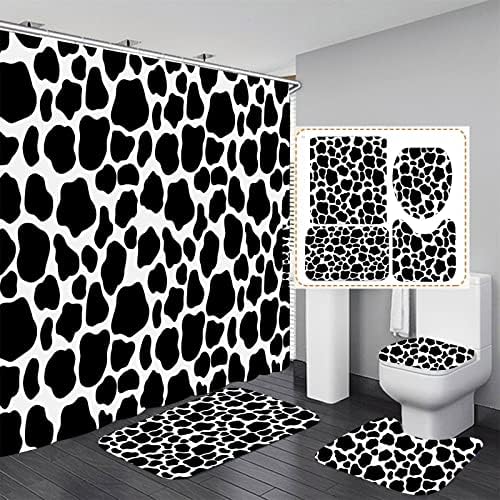 Geometri Duş Perde Setleri ile Kaymaz Kilim Tuvalet Kapağı Kapak ve Banyo Paspas, Siyah Noktalar Duş Perdeleri ile 12 Kanca Su