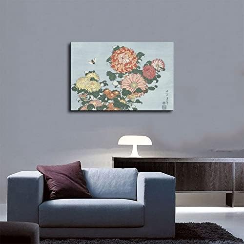Katsushika Hokusai Başyapıtlarından Çiçekler Ve Kuşlar Krizantem Ve Bir Geyik Sineği Tuval Poster yatak odası dekoru Spor Peyzaj