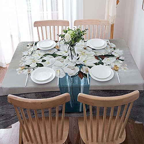 MUSEDAY Keten Masa Örtüsü Dikdörtgen Masa Örtüsü Yağlıboya Tarzı Romantik Beyaz Manolya Çiçek Vazo Yıkanabilir Toz Geçirmez Masa