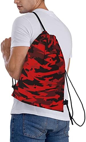 Unisex İpli sırt çantası Kamuflaj Kırmızı Siyah Polyester Cinch Çuval, su Geçirmez Spor Spor Çantası Rahat Sırt Çantası Erkekler