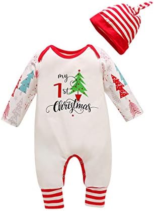 Yenidoğan Bebek Erkek Kız Giysileri Benim 1st Noel Uzun Kollu Romper + Çizgili Şapka Kıyafet Giyim Seti