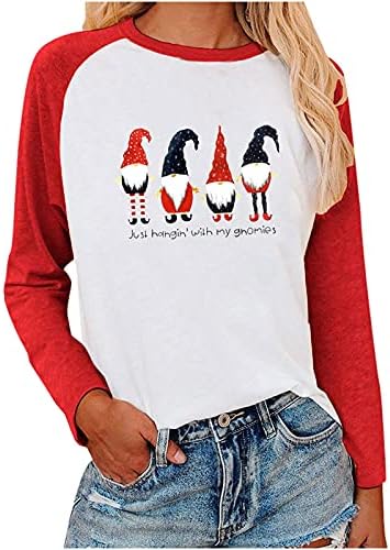 Bayan Noel Baskı Shirs Raglan Kontrast Renk Bluzlar Uzun Kollu Güz Casual Crewneck Tişörtü Tops