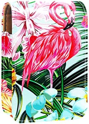 Kadınlar için Ayna ile ruj Durumda - uyar 3 Rujlar, Protable Seyahat Mini Makyaj Çantası Deri Ruj Durumda Tutucu Tropikal Flamingo
