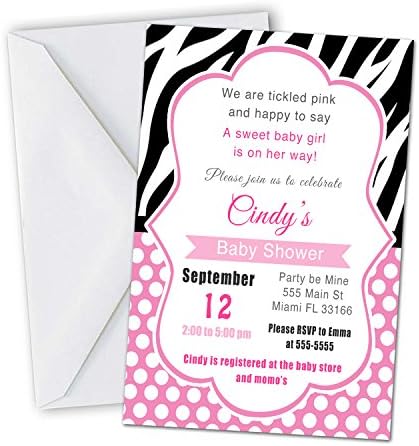 30 Davetiyeleri Siyah Zebra Pembe Puanl Düğün Bebek Kız Duş Parti Kişiselleştirilmiş Kartları + 30 Beyaz Zarflar