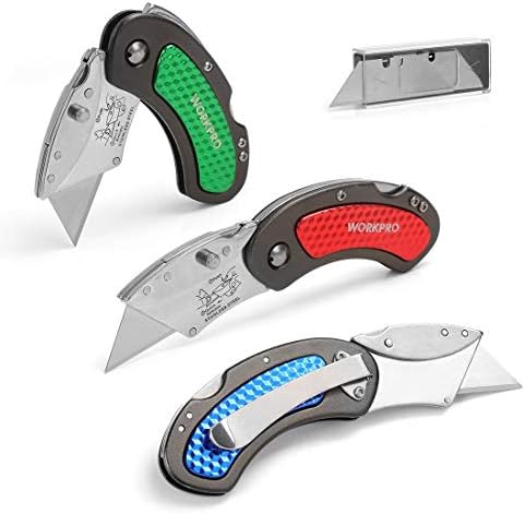 WORKPRO maket bıçağı Bıçakları Dağıtıcı SK5 Çelik 100-pack ve WORKPRO 3-Piece Katlanır Maket bıçağı Seti ile 10-Piece Ekstra