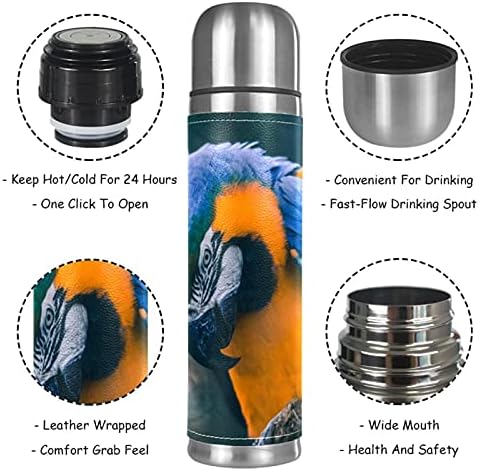 Lılıbeely 17 oz Vakum Yalıtımlı Paslanmaz Çelik Su Şişesi Spor Kahve Seyahat Kupa Flask Hakiki Deri Sarılmış BPA Ücretsiz, papağan