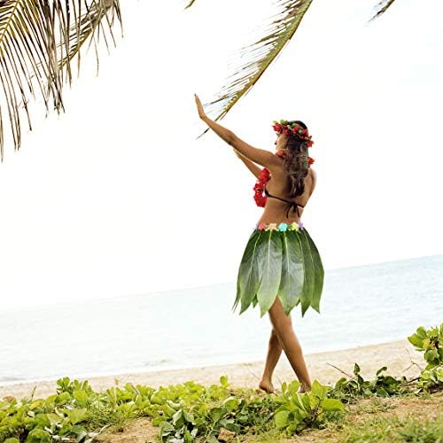Ti Yaprak Hula Etek Hawaii Yaprak Etek Yeşil Çim Etek ile Yapay Ebegümeci Çiçekler için Plaj, Luau Parti Malzemeleri
