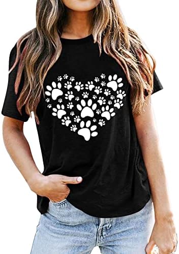 Bayan Grafik Tees Komik Köpek Paw Baskı Tops Yaz Gevşek Kalp Gömlek Kısa Kollu Beyzbol Genç Kız Casual Bluz