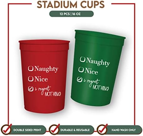Yaramaz, Güzel, Hiçbir Şeyden Pişman Değilim 6 Kırmızı ve 6 Yeşil Noel 16oz Stadyum Bardağı - Çift Taraflı Baskılı 12 Cam Parti