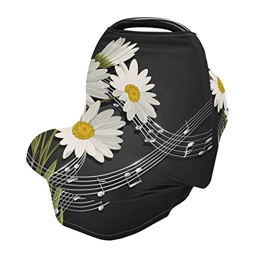 Sıkı Bebek Araba Koltuğu Gölgelik-Müzik Notlar ve Papatya Çiçekler Üzerinde Siyah Bebek Arabası Kapak Çok Kullanım Carseat Gölgelik