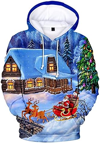 Ozmmyan Kapüşonlu Sweatshirt Erkekler Noel Baskı Uzun Kollu Hoodie Sweatshirt Çirkin Kazak Tunik Tops