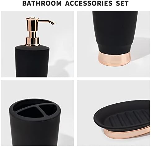 6 Paket Siyah Mat Banyo Aksesuarları Seti, Premium Reçine Banyo Seti, Gül Altın Dekorlu Siyah Diş Fırçası Tutucu Seti