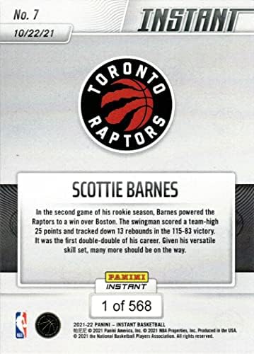 2021-22 Panini Anında Basketbol 7 Scottie Barnes Çaylak Kartı Raptors-Sadece 568 yapıldı!