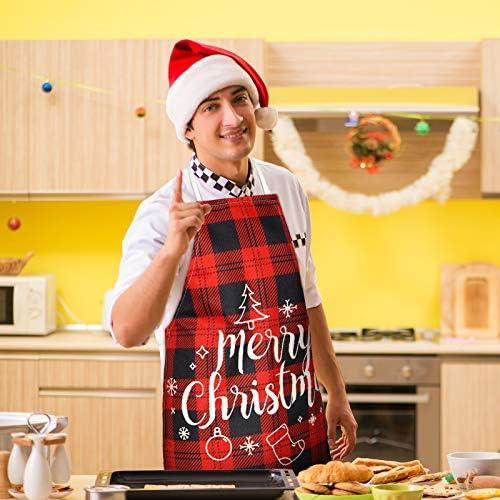 4 Adet Noel Önlükleri Buffalo Ekose Noel Ayarlanabilir Pişirme Önlükleri Elk Kar Tanesi Desenleri ve Kelimeler Merry Christmas