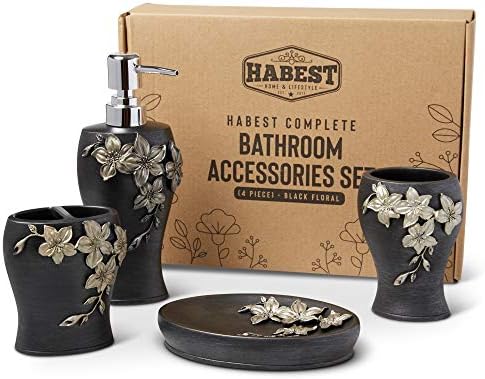 Habest Banyo Seti-4 Parça-El Sabunluk, Sabunluk, Diş Fırçası Tutucu, Bardak Bardak-Reçine-Mat Siyah Çiçek Desen-Zarif Banyo Aksesuarları