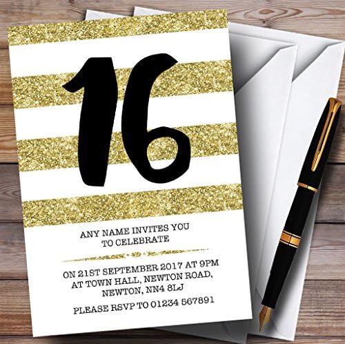 Glitter Altın ve Beyaz Çizgili 16. Kişiselleştirilmiş Doğum Günü Partisi Davetiyeleri