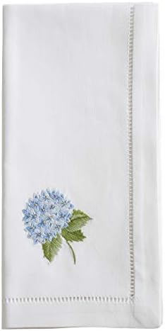SARO YAŞAM TARZI Broderie Koleksiyonu Işlemeli Mavi Ortanca Hemstitch Peçeteler (6 Set), 20x 20, Beyaz