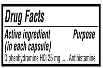 Difenhidramin 25 mg Jenerik Benadryl Alerji Tıbbı ve Antihistamin 100 Şişe başına 24 Kapsül