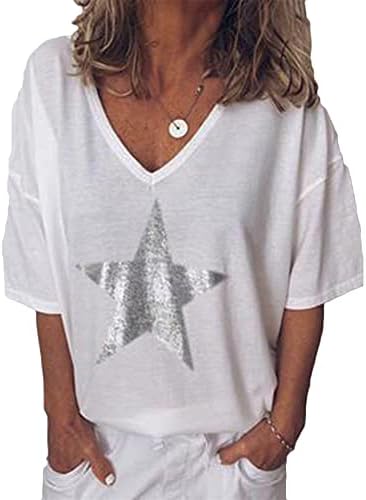 Andongnywell Kadın V Boyun Katı Baskı Pentagram T Shirt Casual Gevşek Fit Gömlek Kısa Kollu Yaz Tunik Bluz Tops