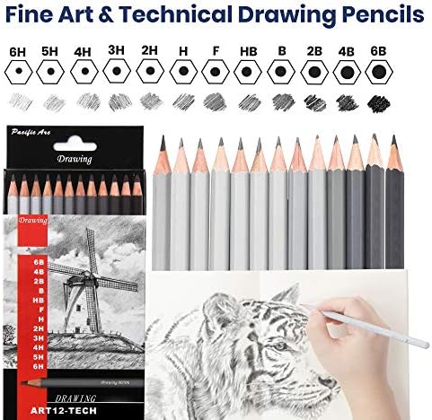 Pacific Arc Premium Graphite Drawing Pencils for Artists, Tech Pack-12 Pk Çizim, Çizim, Eskiz ve Gölgeleme için Profesyonel Kalemler.